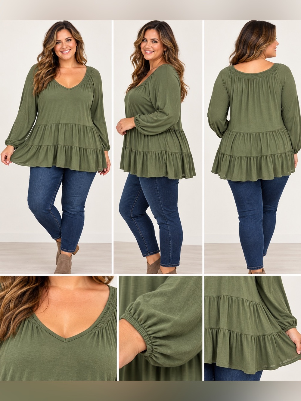 Terra & Sky Size 1X Olive Green Tiered Babydoll Top